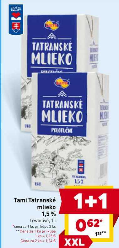 Tatranské mlieko 1,5% trvanlivé, 1 L