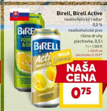 Birell Active nealkoholický radler 0,0% plechovka, 0,5l
