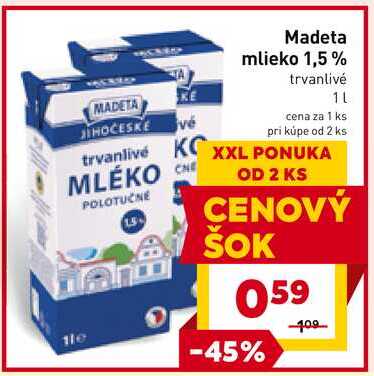 Madeta mlieko 1,5% trvanlivé 1L 