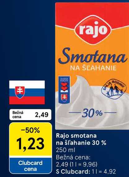 Rajo smotana na šľahanie 30% 250 ml