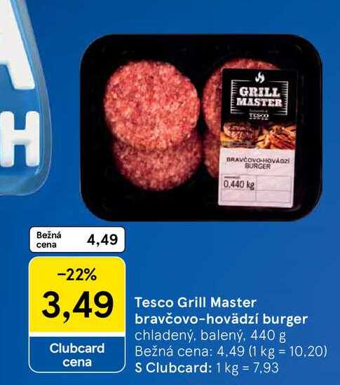 Tesco Grill Master bravčovo-hovädzí burger chladený, balený, 440 g