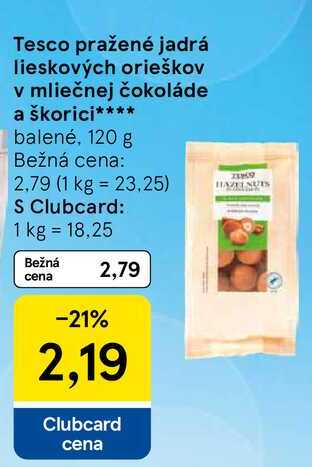 Tesco pražené jadrá lieskových orieškov v mliečnej čokoláde a škorici balené, 120 g
