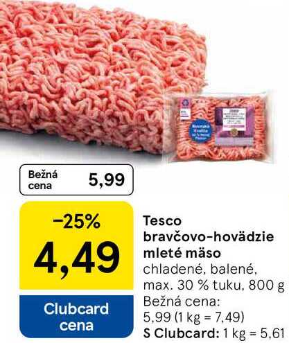 Tesco bravčovo-hovädzie mleté mäso chladené, balené, max. 30% tuku, 800 g