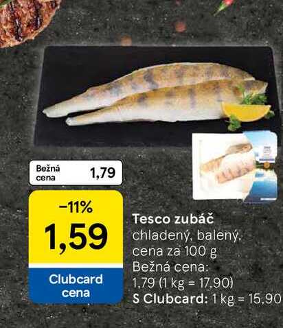 Tesco zubáč chladený, balený cena za 100 g 