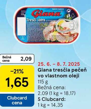 Giana tresčia pečeň vo vlastnom oleji, 115 g