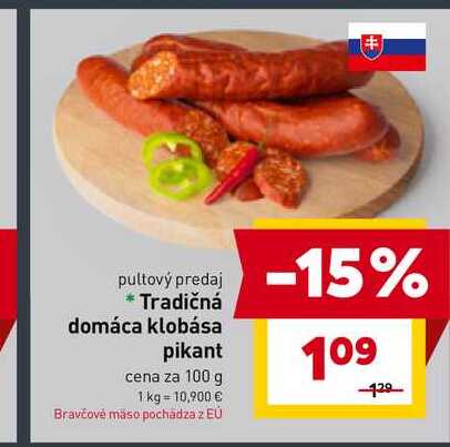 Tradičná domáca klobása pikant cena za 100 g 