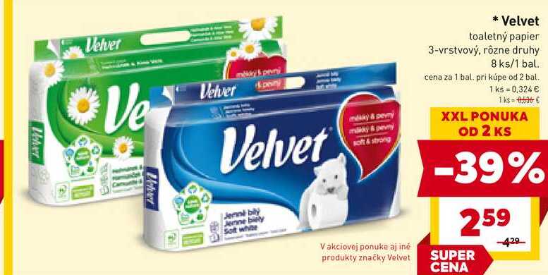 Velvet toaletný papier 3-vrstvový, rôzne druhy 8 ks