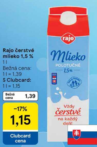 Rajo čerstvé mlieko 1,5 %, 1 l