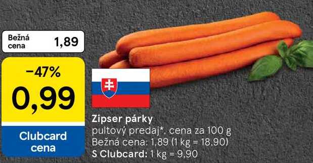 Zipser párky, cena za 100 g 