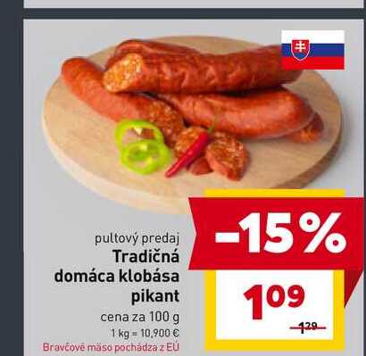 Tradičná domáca klobása pikant cena za 100 g 