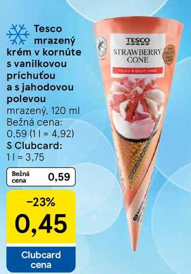 Tesco mrazený krém v kornúte s vanilkovou príchuťou a s jahodovou polevou, 120 ml 