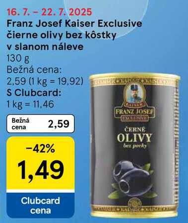 Franz Josef Kaiser Exclusive čierne olivy bez kôstky v slanom náleve, 130 g