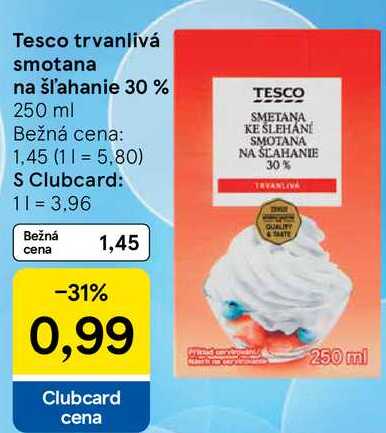 Tesco trvanlivá smotana na šľahanie 30%, 250 ml 