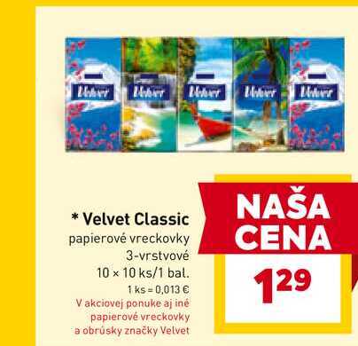 Velvet Classic papierové vreckovky 3-vrstvové 10 x 10 ks/1 bal.