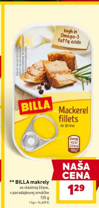 BILLA makrely vo vlastnej šťave, v paradajkovej omáčke 125 g