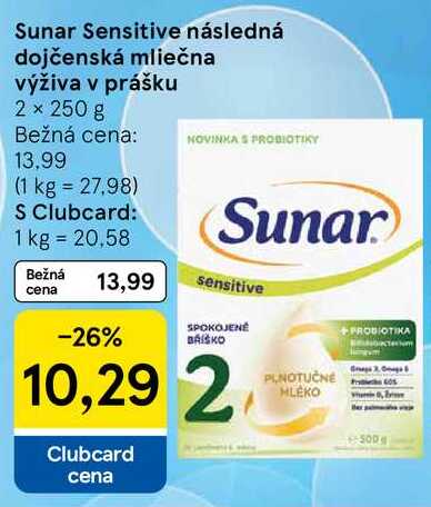 Sunar Sensitive následná dojčenská mliečna výživa v prášku, 2x 250 g 