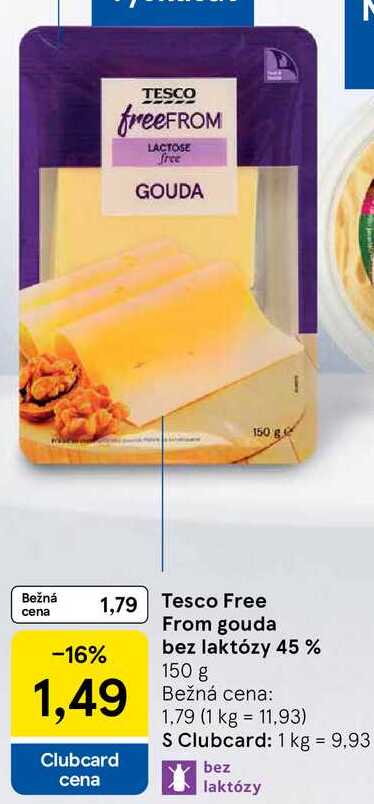 Tesco Free From gouda bez laktózy 45 %, 150 g 