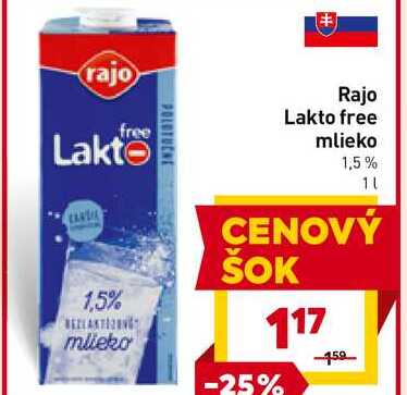 Rajo Lakto free mlieko 1,5% 1l