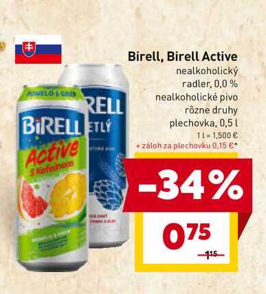 Birell Active nealkoholický radler, 0,0 % nealkoholické pivo rôzne druhy plechovka, 0,5l