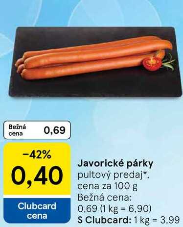Javorické párky, cena za 100 g 
