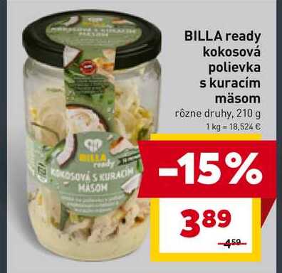 BILLA ready kokosová polievka s kuracím mäsom rôzne druhy, 210 g