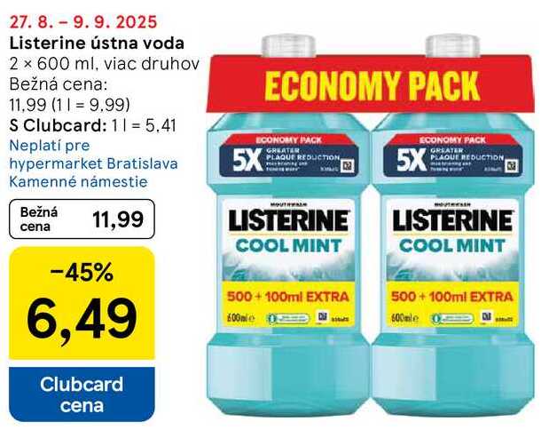 Listerine ústna voda, 2x 600 ml