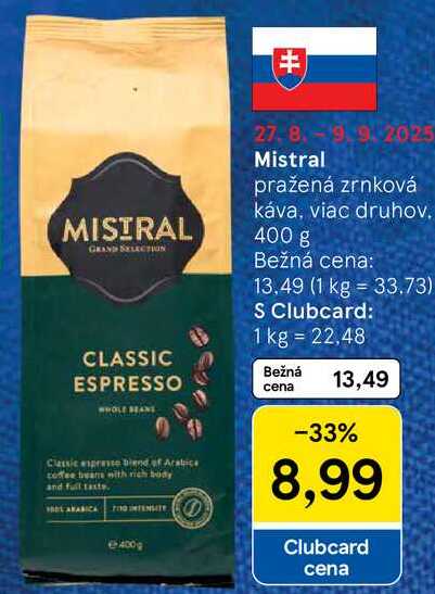 Mistral pražená zrnková káva, 400 g 