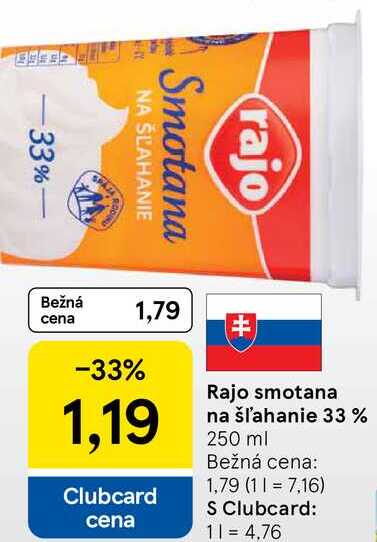 Rajo smotana na šľahanie 33%, 250 ml 