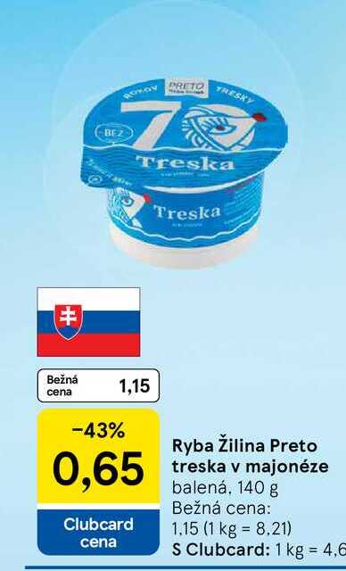 Ryba Žilina Preto treska v majonéze balená, 140 g 