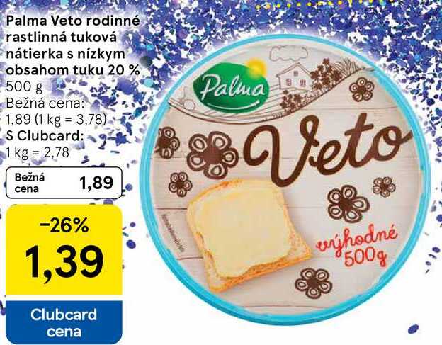 Palma Veto rodinné rastlinná tuková nátierka s nízkym obsahom tuku 20%, 500 g