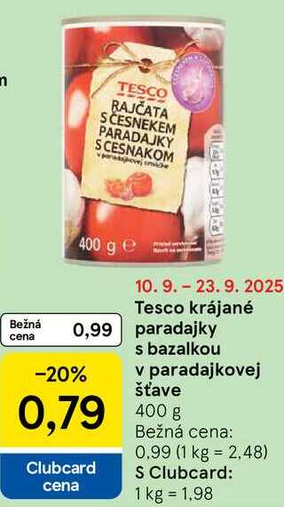 Tesco krájané paradajky s bazalkou v paradajkovej šťave, 400 g