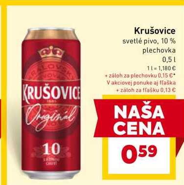 Krušovice svetlé pivo, 10 % plechovka 0,5l