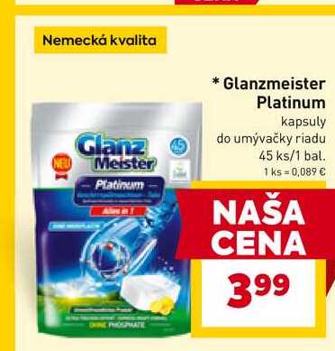 Glanzmeister Platinum kapsuly do umývačky riadu 45 ks/1 bal.