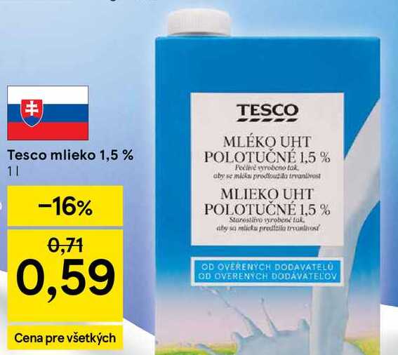 Tesco mlieko 1,5 %, 1 l