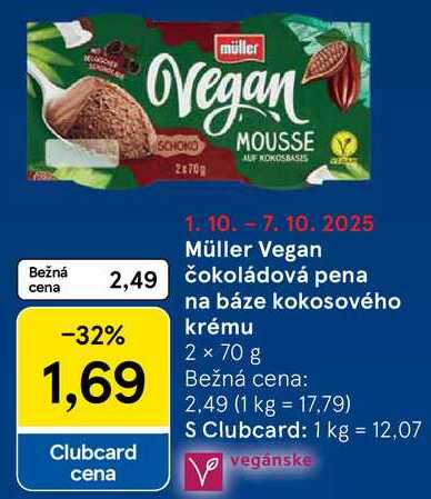 Müller Vegan čokoládová pena na báze kokosového krému, 2x 70 g 