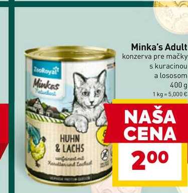 Minka's Adult konzerva pre mačky s kuracinou a lososom 400 g 