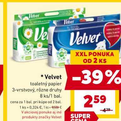 Velvet toaletný papier 3-vrstvový, rôzne druhy 8 ks/1 bal. 