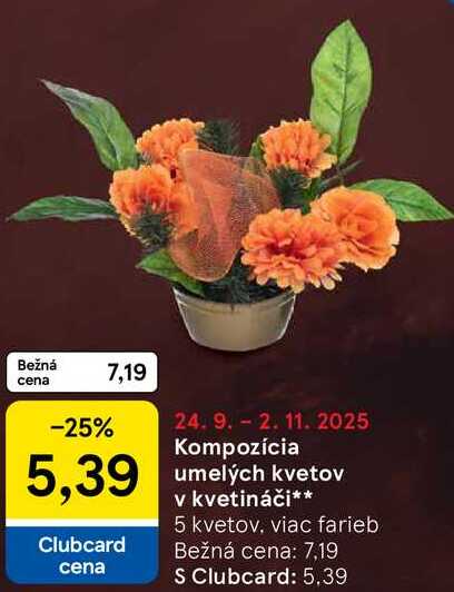 Kompozícia umelých kvetov v kvetináči, 5 kvetov