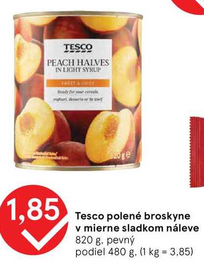 Tesco polené broskyne v mierne sladkom náleve, 820 g