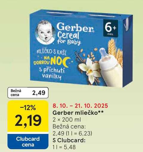 Gerber mliečko, 2x 200 ml 