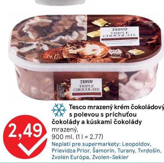 Tesco mrazený krém čokoládový s polevou s príchuťou čokolády a kúskami čokolády mrazený 900 ml