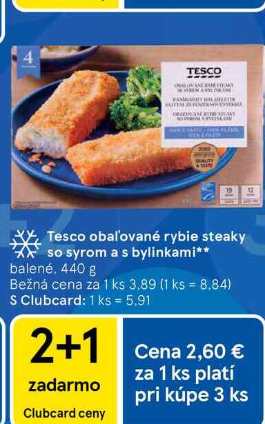 Tesco obaľované rybie steaky so syrom a s bylinkami balené, 440 g 