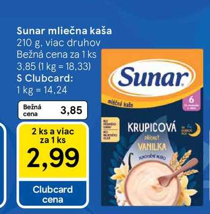 Sunar mliečna kaša 210 g, viac druhov