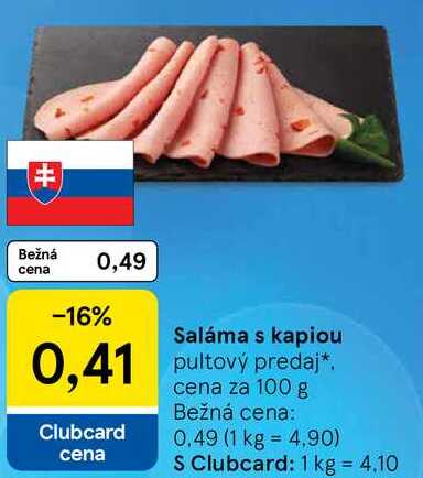 Saláma s kapiou, cena cena za 100 g 