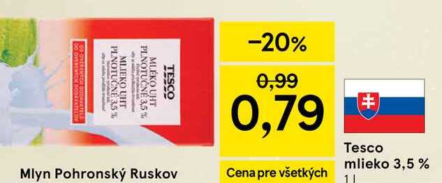 Tesco mlieko 3,5 % plnotučné 1l
