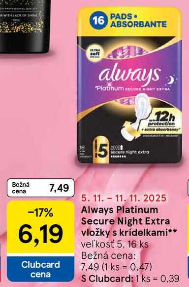 Always Platinum Secure Night Extra vložky s krídelkami