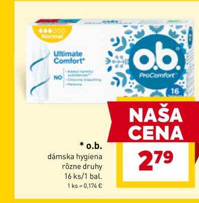 o.b. dámska hygiena rôzne druhy 16 ks/1 bal.