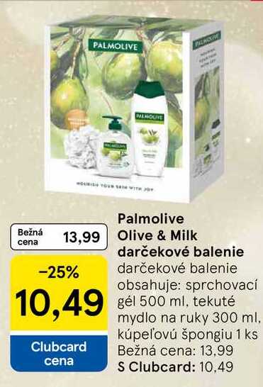Palmolive Olive & Milk darčekové balenie obsahuje: sprchovací 10,49 gél 500 ml, tekuté mydlo na ruky 300 ml, kúpeľovú špongiu 1 ks 