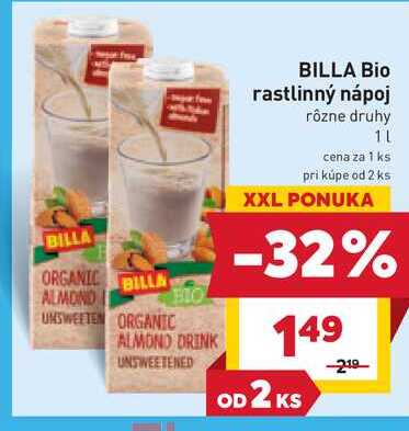 BILLA Bio rastlinný nápoj rôzne druhy 1L