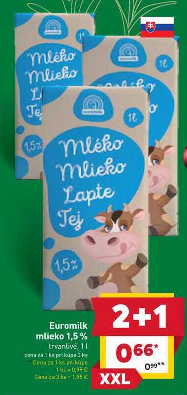 Euromilk mlieko 1,5% trvanlivé, 1l